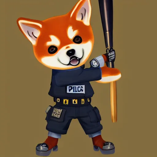 Image similar to shiba inu wearing a police uniform, holding a baseball bat, character design, highly detailed digital art, atmosphere, glow, lens flare, cinematic lightning, hyperrealistic, focused, extreme details, 4 k, ultra detailed, trending on artstation, masterpiece, digital art.