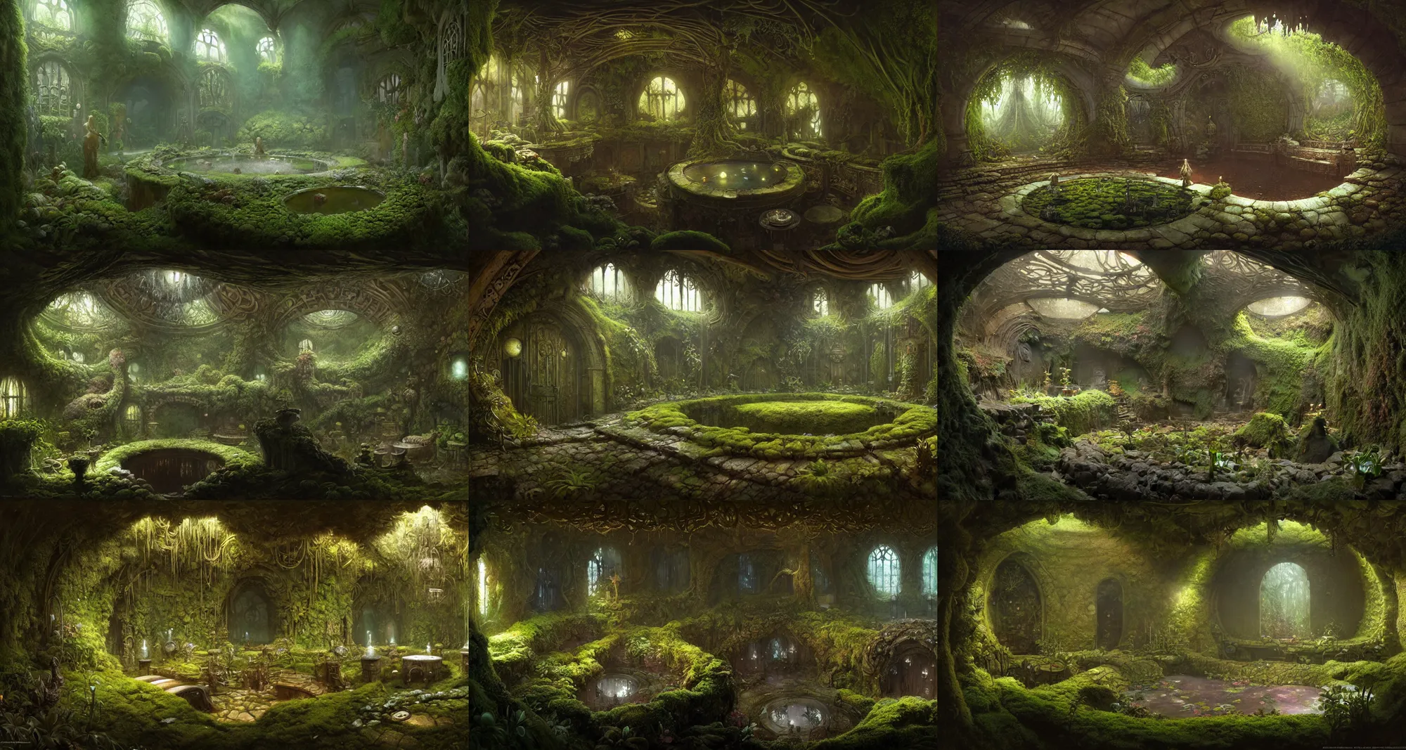 Prompt: underground room, round soft glowing pool in the centre, earth walls with mosses and ferns, intricate details, foliage, roots, damp, dark, gothic, concept art by rutkowski and brian froud, lighting by greg rutkowski