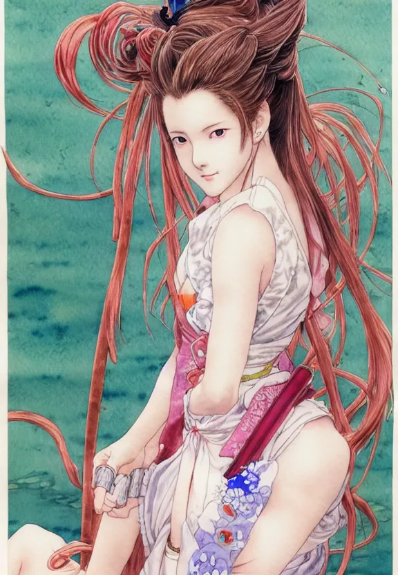 Image similar to a full-body watercolor painting of Aerith Gainsborough by Yoshitaka Amano, ukiyo-e, nouveau, concept art, 80's fantasy art, highly detailed, intricate, trending on artstation, award-winning