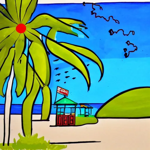 Prompt: imaginative drawing of a beach house, black ink outline, cel - shading, bright color shading