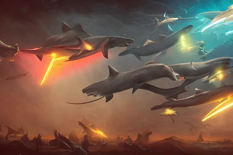 Prompt: a detailed tarot card of freaking sharks with freaking laser beams on their heads, neon outline, swarm of sci fi sharks, 8 k, artstation, art by greg rutkowski, pixiv