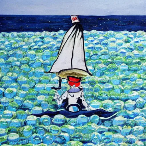 Image similar to sailor on sea with million bottles