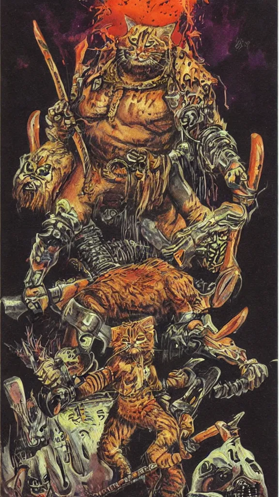 Image similar to 1 9 8 0 s heavy metal magazine illustration of a barbarian cat by ralph bakshi