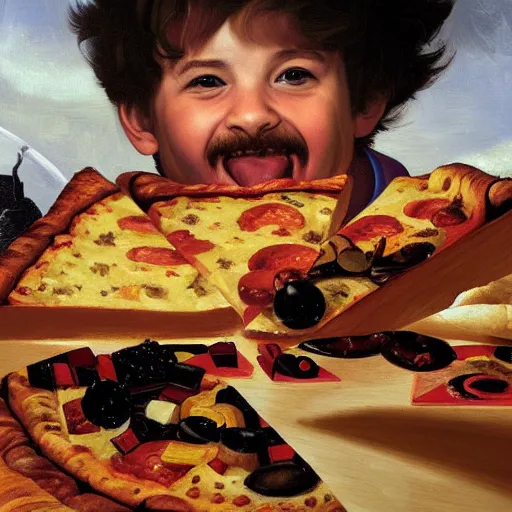 Image similar to highly detailed oil painting by caravaggio in the minecraft universe of a happy little boy flying through space eating pizza and cheese, where the planets are candy, hd, trending on artstation