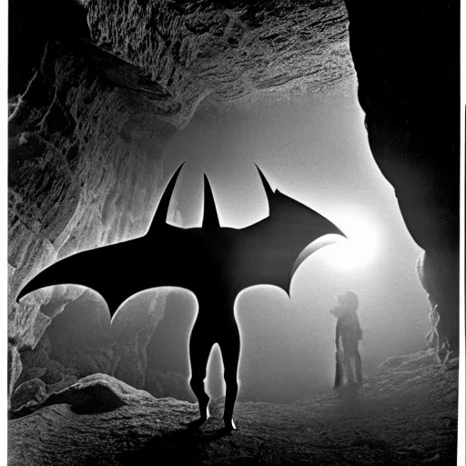 Image similar to a close - up, black & white studio photographic portrait of a loud screeching giant, bat - like creature flying towards you, you are exploring an alien planet and come across a strange, dark cave, dramatic backlighting, 1 9 7 3 photo from life magazine, by keith thompson,