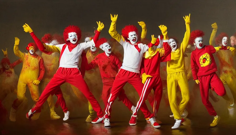 Image similar to highly detailed painting of a group of ronald mcdonalds with red afros, white facepaint, red noses and yellow tracksuits dancing on stage at a school talent show by william turner, by greg rutkowski, by william constable, thick brush strokes and visible paint layers, 4 k resolution