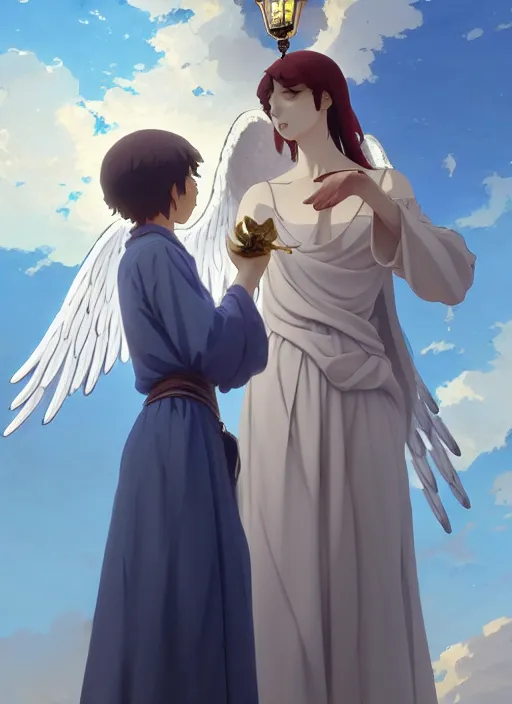 Image similar to florence italy in 1 8 2 0, an angel holds a nightingale bird in one outstretched hand and a turkish lamp in the other, finely detailed perfect art, gapmoe yandere grimdark, trending on pixiv fanbox, painted by greg rutkowski makoto shinkai takashi takeuchi studio ghibli