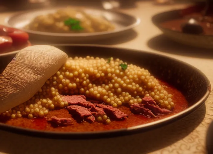 Image similar to a film still portrait of a tunisian couscous with meat, finely detailed features, closeup at the food, perfect art, at a dinner table, gapmoe yandere grimdark, trending on pixiv fanbox, painted by greg rutkowski makoto shinkai takashi takeuchi studio ghibli, akihiko yoshida