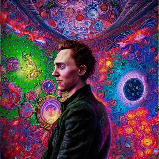 Image similar to portrait of tom hiddleston, hyper detailed masterpiece, neon floral pattern, jean giraud, digital art painting, darkwave goth aesthetic, psychedelic, artgerm, donato giancola and tom bagshaw