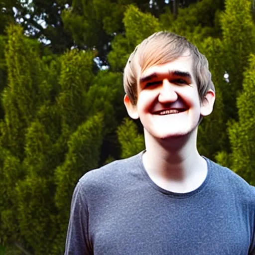 Image similar to bo burnham outside of his house, smiling and dancing