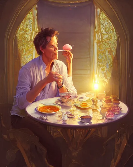 Image similar to kevin bacon eating fried eggs, highly detailed, gold filigree, romantic storybook fantasy, soft cinematic lighting, award, disney concept art watercolor illustration by mandy jurgens and alphonse mucha and alena aenami, pastel color palette, featured on artstation