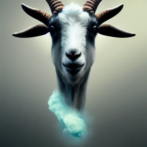 Prompt: Goat made of puffs of smoke, hazy, atmospheric, inspiring, digital art, award winning, artstation,