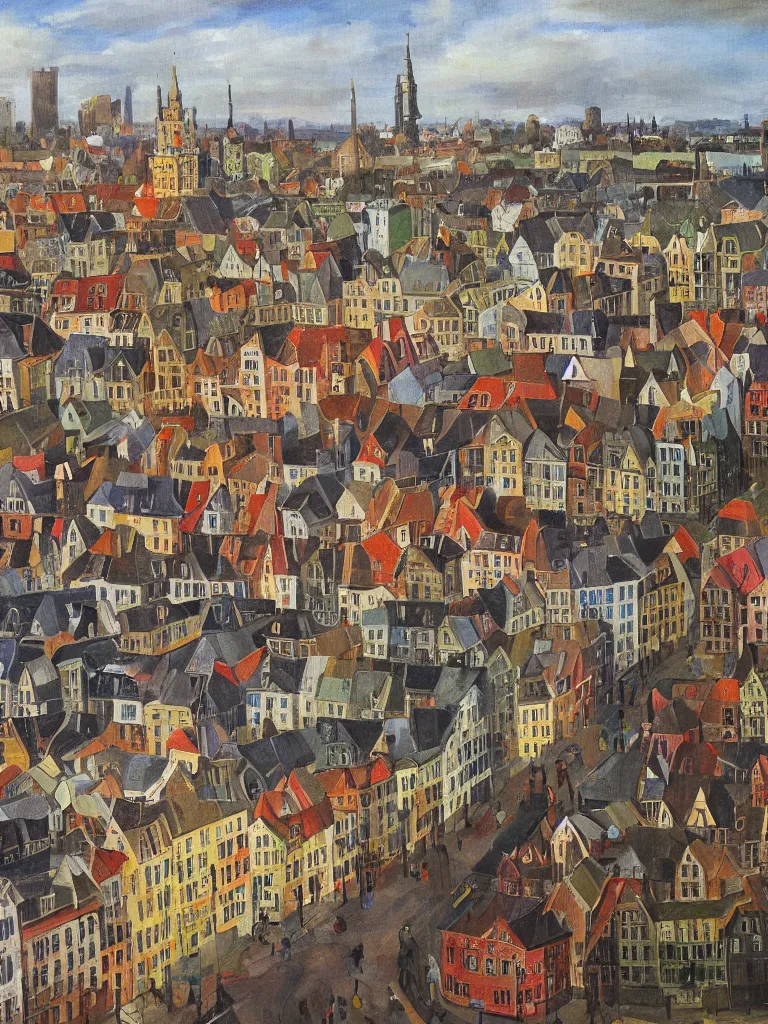 Prompt: a colorful painting of a cityview in the style of Raymond Heere, kleurrijke stadsgezichten