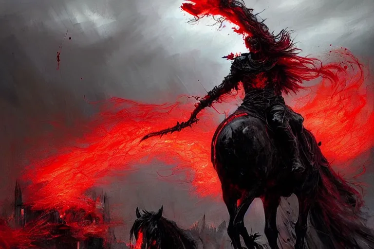 Prompt: a grim reaper, splattered with blood, riding a large black horse, with red glowing eyes, flowing red mane and tail, blackened clouds cover sky, crackling with lightning, a castle in distance burns, concept art by greg rutkowski, craig mullins, todd mcfarlane,