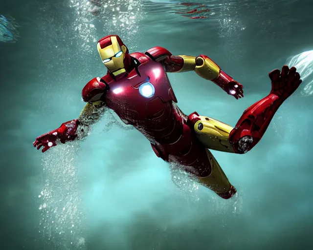 Image similar to iron man submerged under water, cinematic, photoreal, by red dead redemption 2