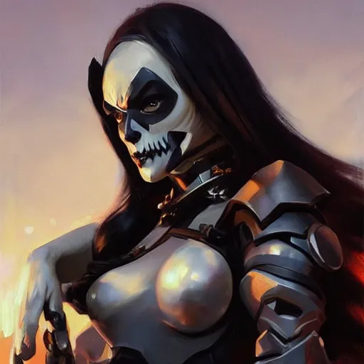 Prompt: greg manchess portrait painting of partially armored lady death as overwatch character, medium shot, asymmetrical, profile picture, organic painting, sunny day, matte painting, bold shapes, hard edges, street art, trending on artstation, by huang guangjian and gil elvgren and sachin teng