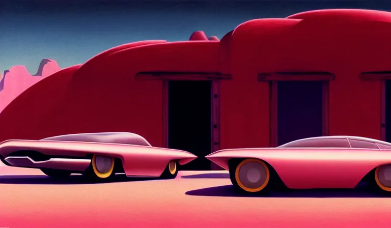 Image similar to a cinematic matte painting of a sleek 1 9 6 0 s vaporwave retro - futurism sci - fi car in a cluttered garage in the american southwest. cactus. by eric lafforgue, glennray tutor and edward hopper, greg rutkowski. trending on artstation.