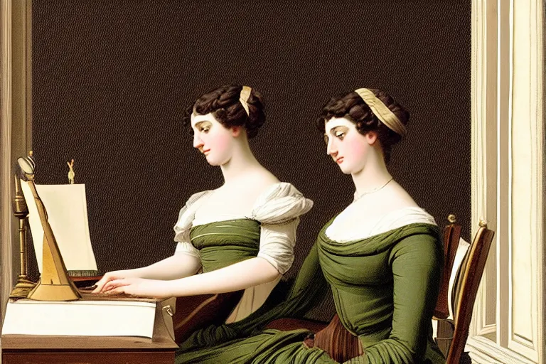 Prompt: georgian dress, directoire style, regency, empire silhouette, lady writing at her desk by vittorio reggianini, bright lighting, perfectly detailed eyes, beautiful hands, pale skin, clear face