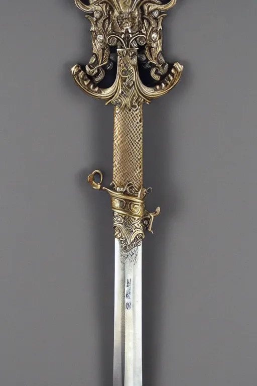 Image similar to sword of justice hanging on a wall, ornate gem in pommel, engraved blade, herringbone floor