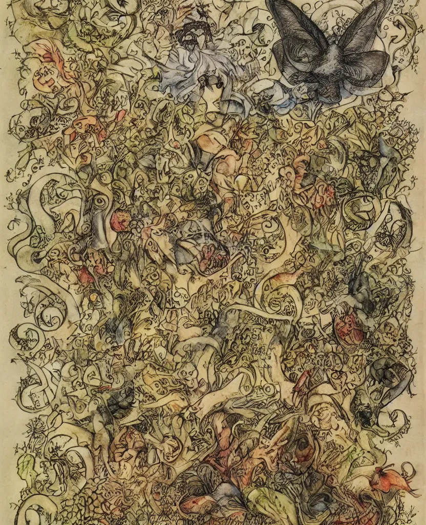 Image similar to a story written in runes in the style of maria sibylla merian, tony diterlizzi and brian froud