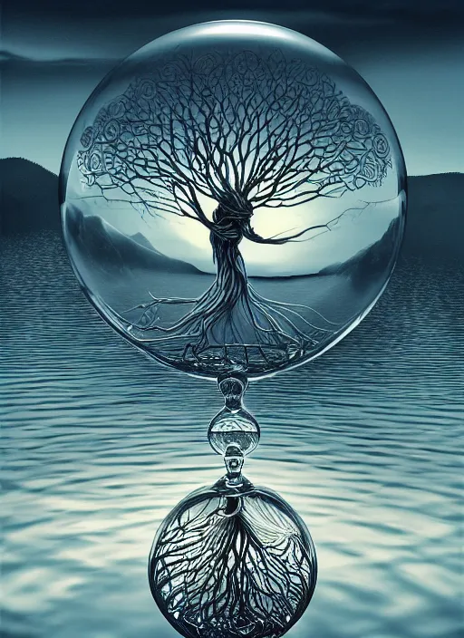 Image similar to transparent horizontally centered crystal sphere floating over a serene lake, tree of life inside the ball, intricate details, radiant light, reflections on the water, ripples, moody sky, hyperdetailed illustration by yuumei, by mark brooks, john harris, artstation, low global light, coherent composition