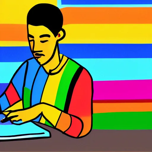 Image similar to pride artwork of man writing a poem on his computer, pride month, colorful, love, 4 k art