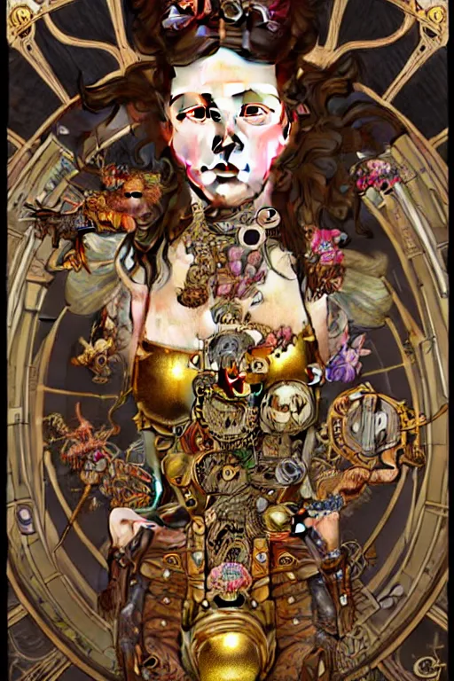 Prompt: beautiful portrait of a steampunk warrior girl wearing a detailed armour of multicolored jewels with gold bugs and beetles , huge mechanical clocks, gold plated vegetation, red mushrooms on the bottom , intricate details, realistic shaded , steampunk, cyberpunk, highly detailed, artstation, illustration by alphonse mucha and Greg Rutkowski, art nouveau