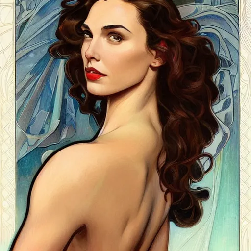 Image similar to a streamline moderne painting of gal gadot in the style of donato giancola, and in the style of charlie bowater, and in the style of alphonse mucha. symmetry, smooth, sharp focus, semi - realism, intricate detail.