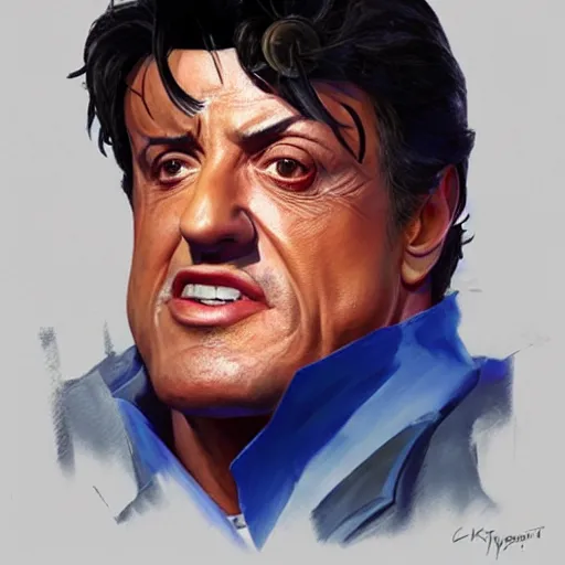 Prompt: greg manchess painting of sylvester stallone as an overwatch character, profile picture, matte painting, bold shapes, hard edges, street art, trending on artstation, by huang guangjian and gil elvgren and sachin teng