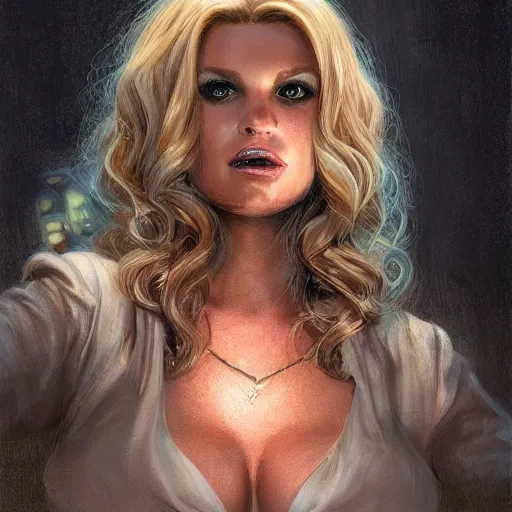 Prompt: jessica simpson as a detective, portrait face and bust in view, cute and adorable, pretty, aesthetic haunted house, portrait, matte detailed photo, DeviantArt, Artstation, by donato giancola, ralph horley, loish, cinematic lighting