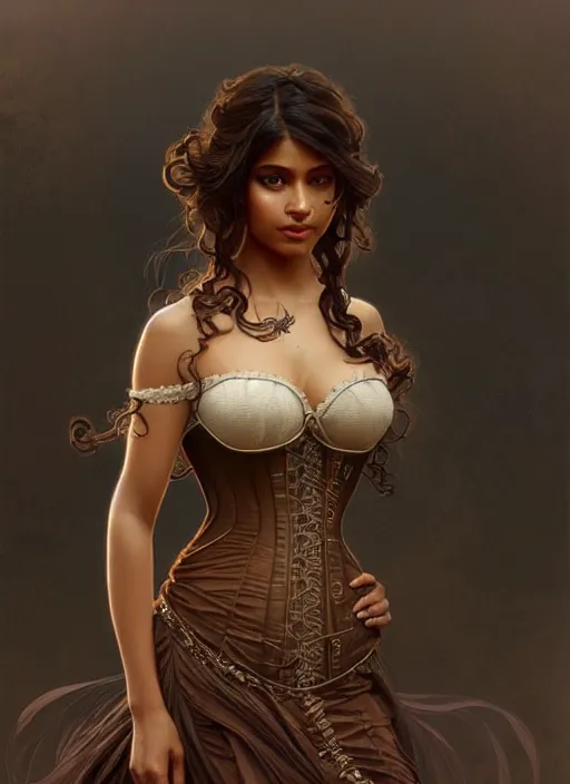 Image similar to cute brown woman wearing a translucent corset dress, fantasy, intricate, highly detailed, digital painting, artstation, concept art, wallpaper, smooth, sharp focus, illustration, art by artgerm and greg rutkowski and alphonse mucha