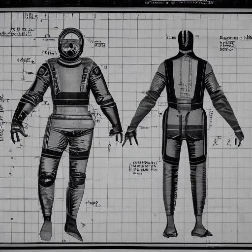 Image similar to blueprint of an armoured diving suit