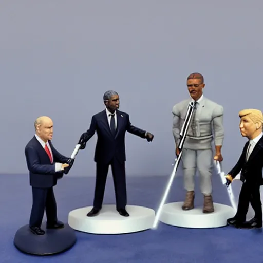 Prompt: photo of putin, trump, obama and bush having a lightsaber fight, figurine