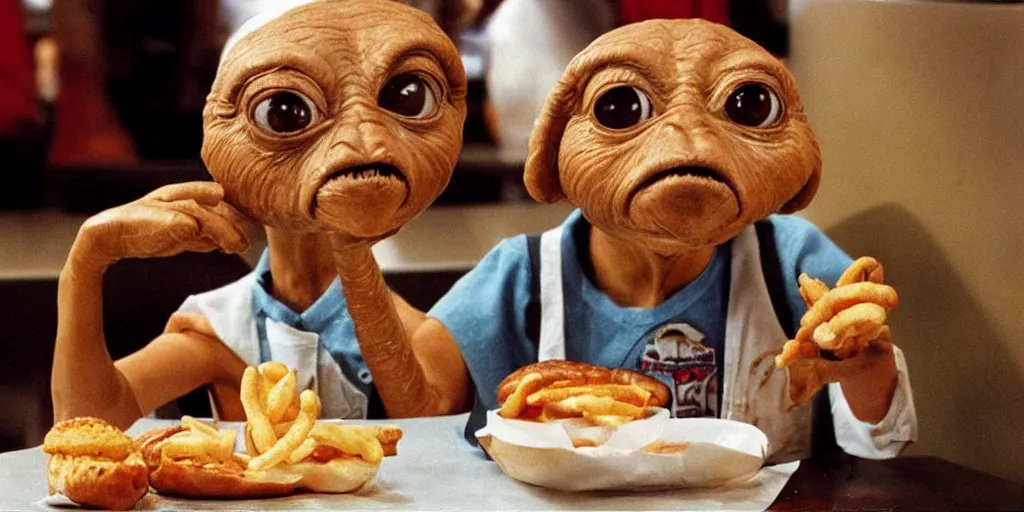 Prompt: e. t sitting in a mc donald ’ s restaurant with an angry expression because he got the wrong hamburger.