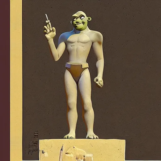 Prompt: shrek ancient mesopotamian statue, concept art by ralph mcquarrie