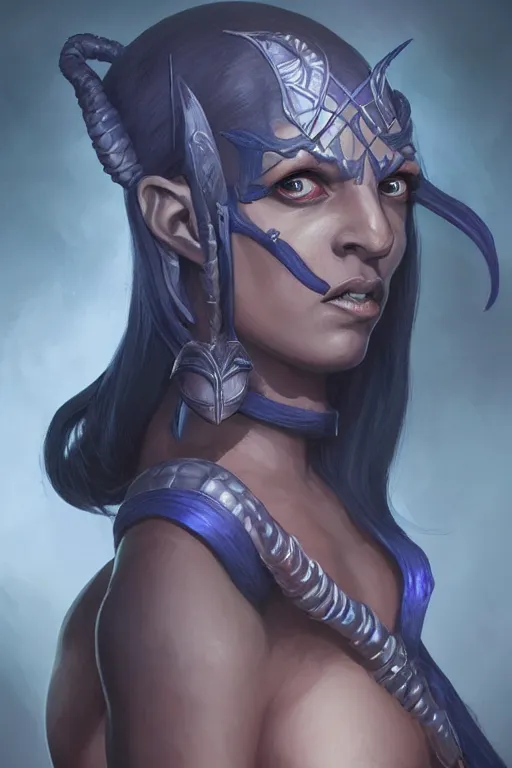 Image similar to shirley ann manson as a dark blue skinned tiefling, d & d, fantasy, portrait, highly detailed, headshot, digital painting, trending on artstation, concept art, sharp focus, illustration, art by artgerm and greg rutkowski and magali villeneuve