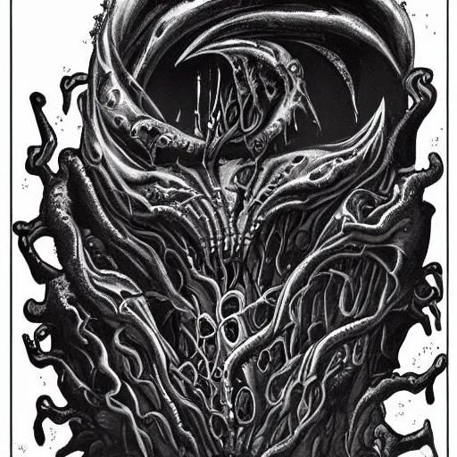 Prompt: lovecraftian biomechanical dark stygian vortex with screaming souls, evil eclipse, black sun by paolo girardi