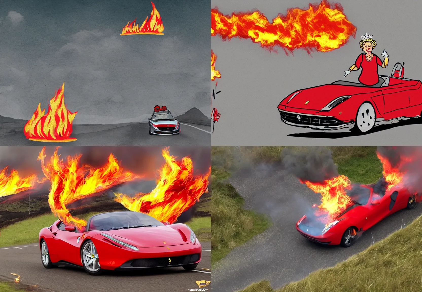 Prompt: the queen as ferrari on fire rolling over Scottish hillsides, silly loose illustration