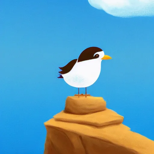 Prompt: ilustration a cute little bird perched on a rock watching the ocean and the waves with their foam, the sky with fluffy clouds and makes a warm light, sharp focus, highly detailed, artstation