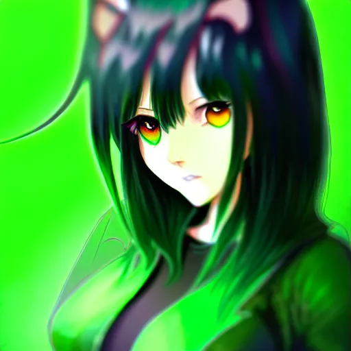 Image similar to a woman with dark green hair and glowing green eyes, anime, artstation, trending on artstation, high quality