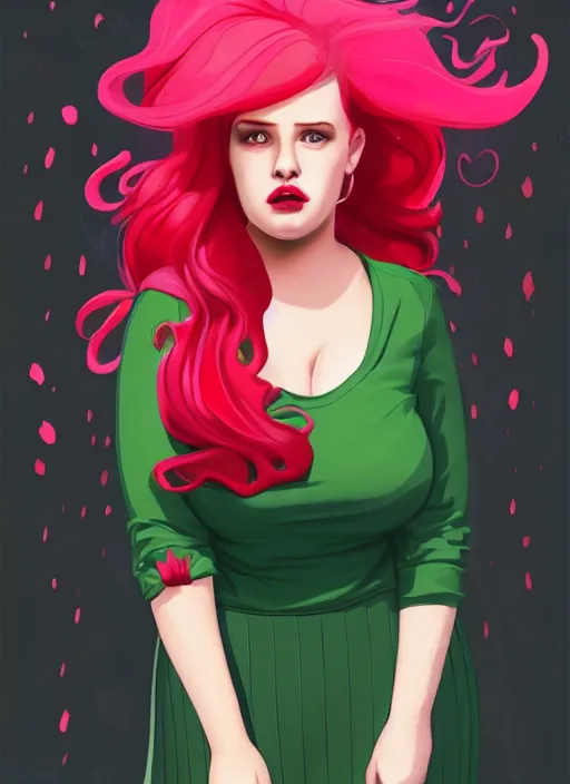 Image similar to full body portrait of teenage cheryl blossom, obese, bangs, green eyes, sultry, realistic, red hair, sultry smirk, wavy hair, pink skirt, fat, intricate, elegant, glowing lights, highly detailed, digital painting, artstation, concept art, smooth, sharp focus, illustration, art by wlop, mars ravelo and greg rutkowski