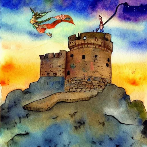 Prompt: laputa castle in the sky flying high in the sky, watercolor illustration for a book