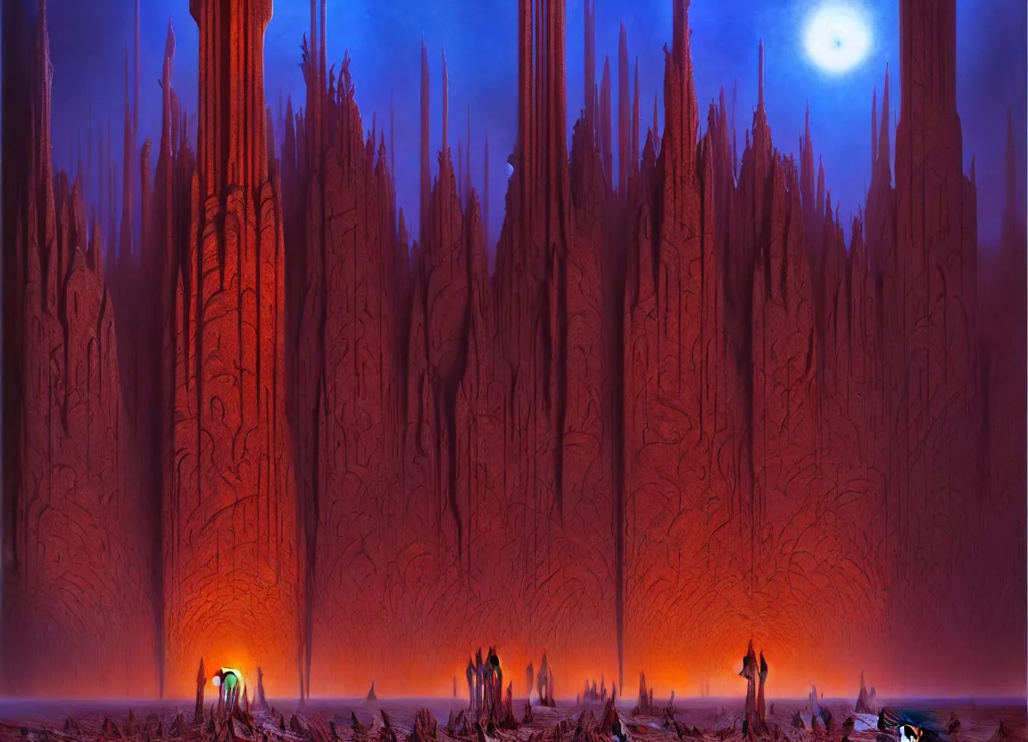 Image similar to immense crematorium gothic architecture advanced technology scifi architectural structure desert planet alien wardrobe, wayne barlowe, bruce pennington, donato giancola, larry elmore, oil on canvas, masterpiece, trending on artstation, featured on pixiv, cinematic composition, dramatic, beautiful lighting