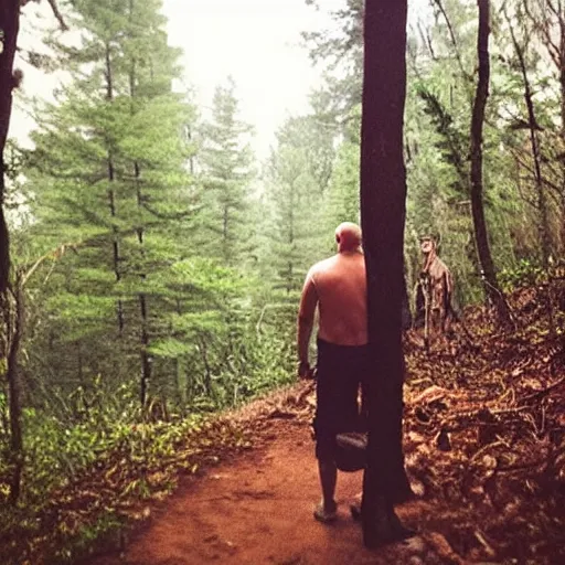 Image similar to “ poor quality nature photography of a bald man hiking in the woods, startled by bigfoot walking by ”
