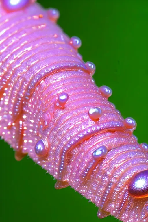 Image similar to high quality close-up photo pearlescent caterpillar! gorgeous highly detailed david ligare elson peter cinematic pink lighting high quality low angle hd 8k sharp shallow depth of field
