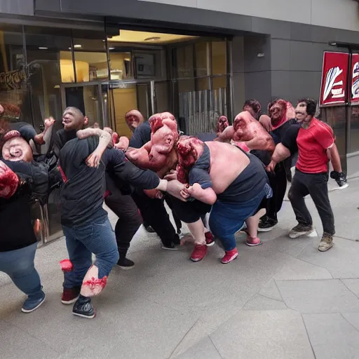 Image similar to a horde of obese zombies trying to get into a barricaded KFC.