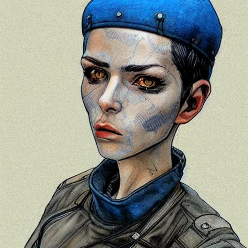 Image similar to intricate portrait, pure skin, 1 mm short blue hair, in the style of enki bilal!