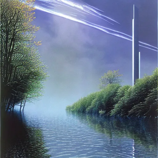 Prompt: ominous shale and polished steel technocity half - submerged in the sipsey river, by michael whelan and angus mcbride and ted nasmith, 3 2 k huhd