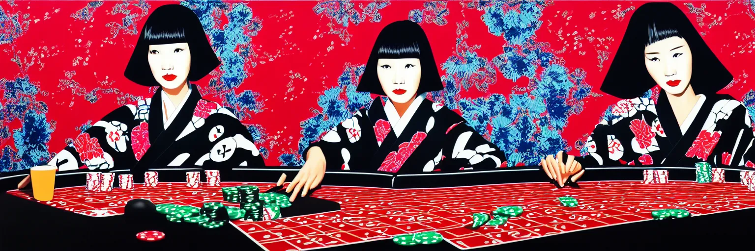 Image similar to hyperrealism composition of the detailed woman in a japanese kimono sitting at an extremely detailed poker table with darth vader, terminator, fireworks on the background, pop - art style, jacky tsai style, andy warhol style, acrylic on canvas