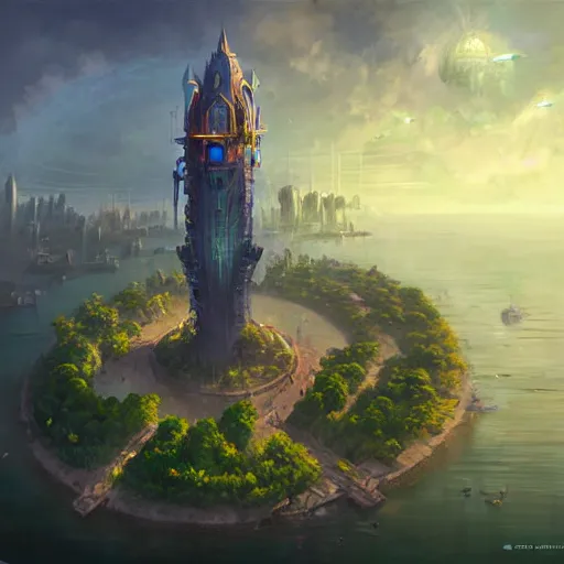 Image similar to aerial view of a giant fish tank shaped like a tower in the middle of a city, godray on plants, fantasy digital art, fantasy style art, fantasy hearthstone art style, fantasy game art by greg rutkowski, darksouls concept art